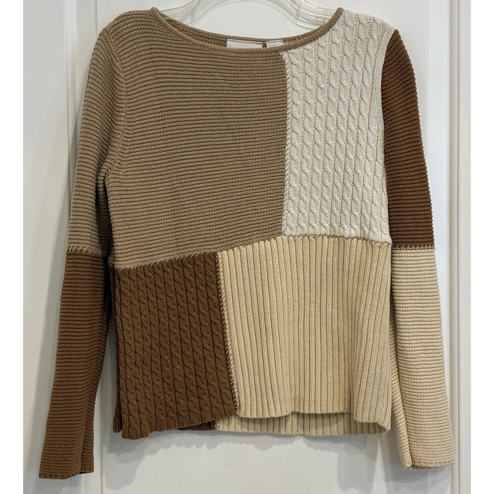 VTG Lizsport Patchwork Sweater Size M Beige Colorblock 90s Minimalist Preppy
